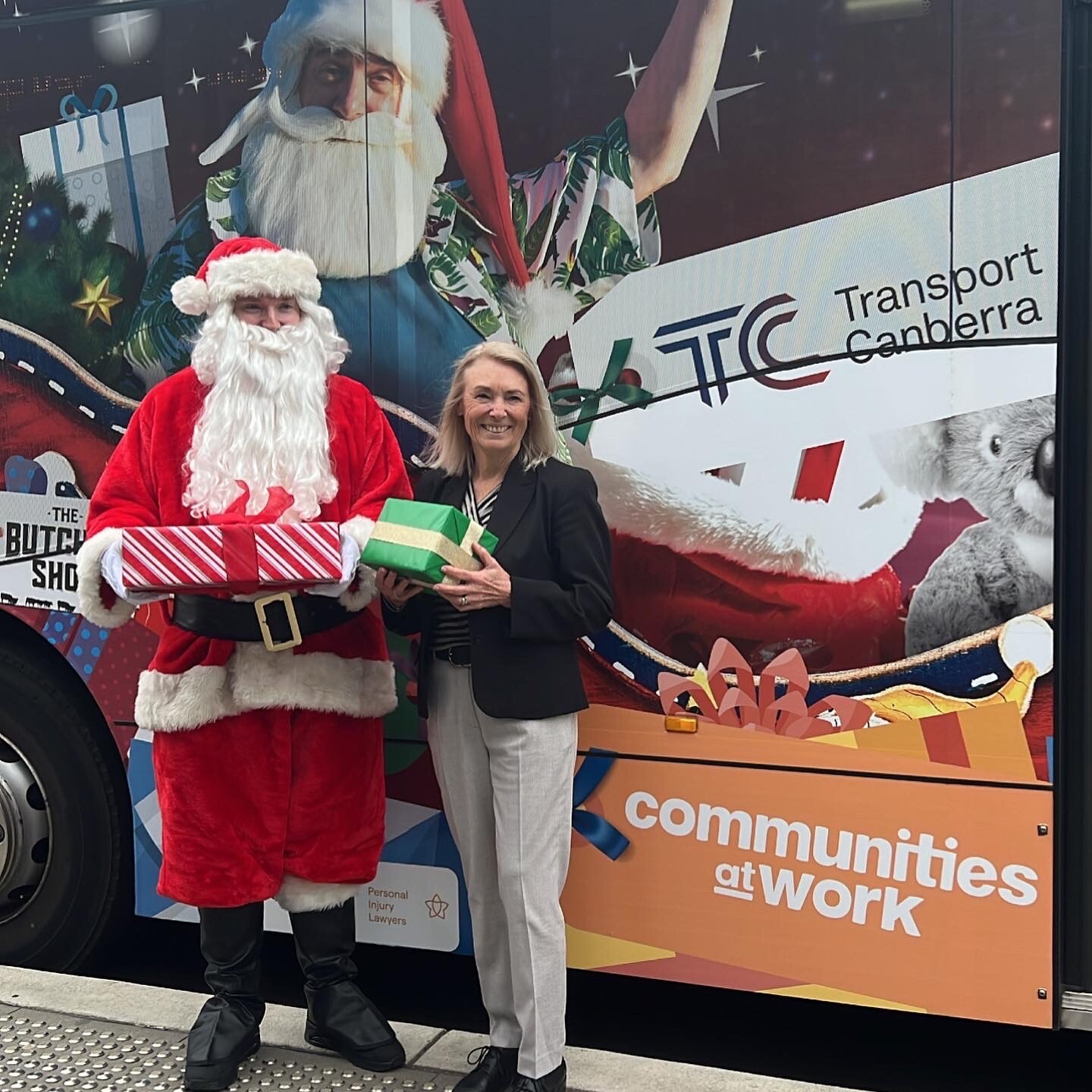 Mix106.3 Canberra and Transport Canberra Santa with Communities at Work CEO Lee Maiden for Christmas appeal Pack the Bus 2021